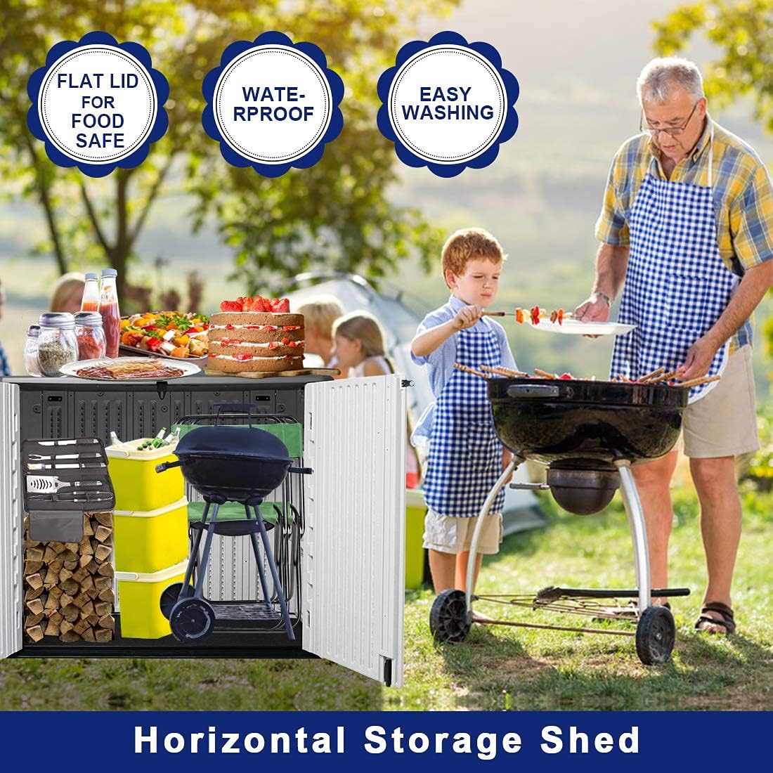 KINYING Outdoor Storage Shed - Horizontal Storage Box Waterproof for Garden, Patios, Backyards, Multi-Opening Door for Easy Storage of Bike, Garbage Cans, Tools, Lawn Mower, Off-White, 26 Cubic Feet