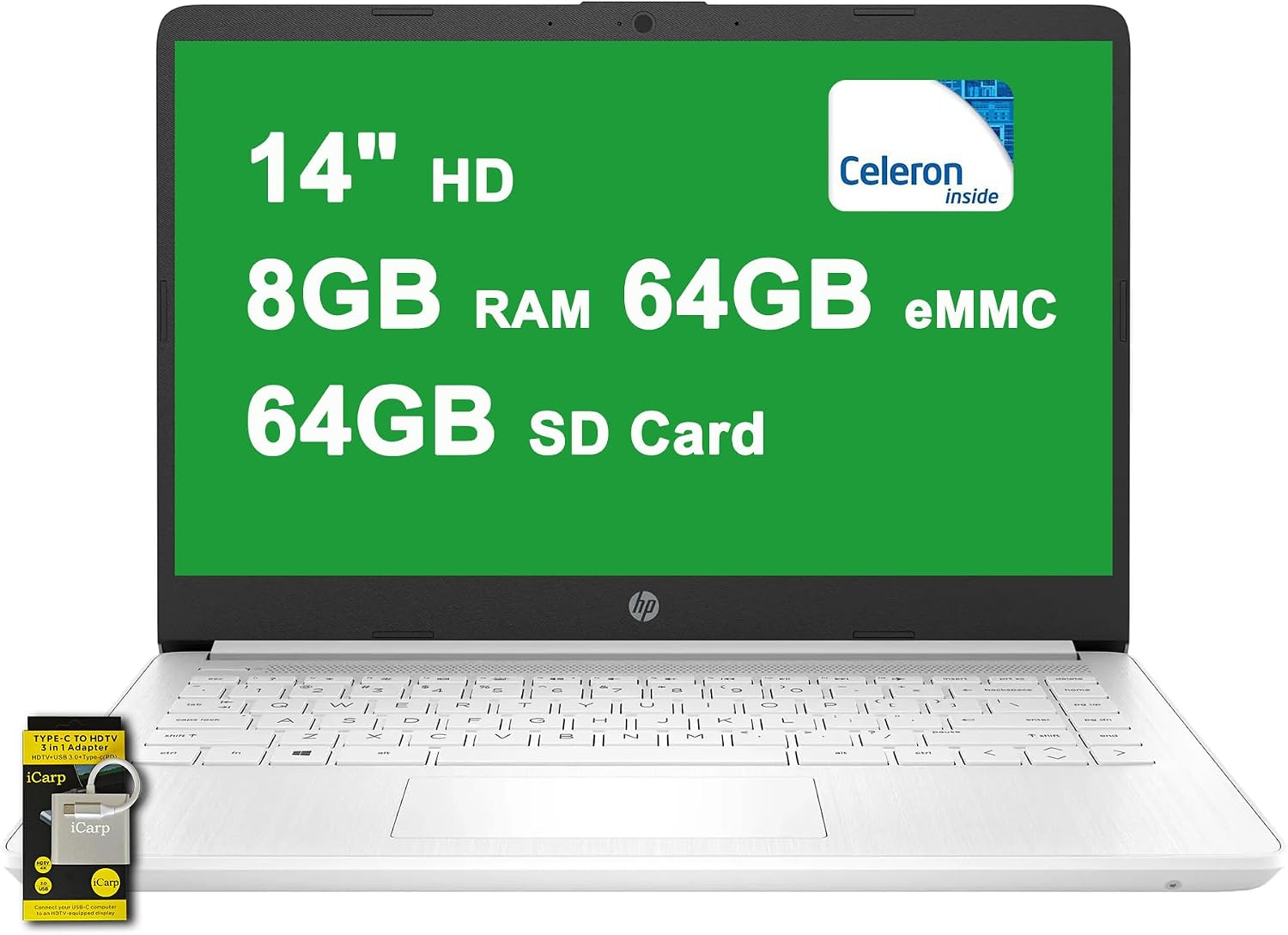 HP 14 Lightweight Student and Business Laptop 14' HD BrightView Intel Quad-core Celeron N4120 8GB RAM 128GB Storage (64GB eMMC + 64GB SD Card) Type-C Long-Lasting Battery Win11 ICP Accessory