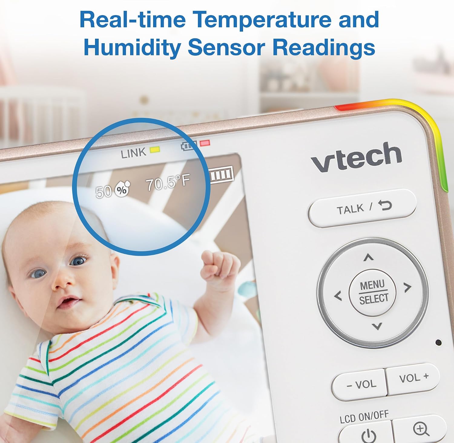 VTech V-Care VC2105 1080p FHD Over-The Crib Mount Smart Baby Monitor 5' 720p LCD Screen,Table Stand,Remote Access,Versatile Placement,Intelligence Detection, Sleep Analysis,18hrs Recording,with WiFi