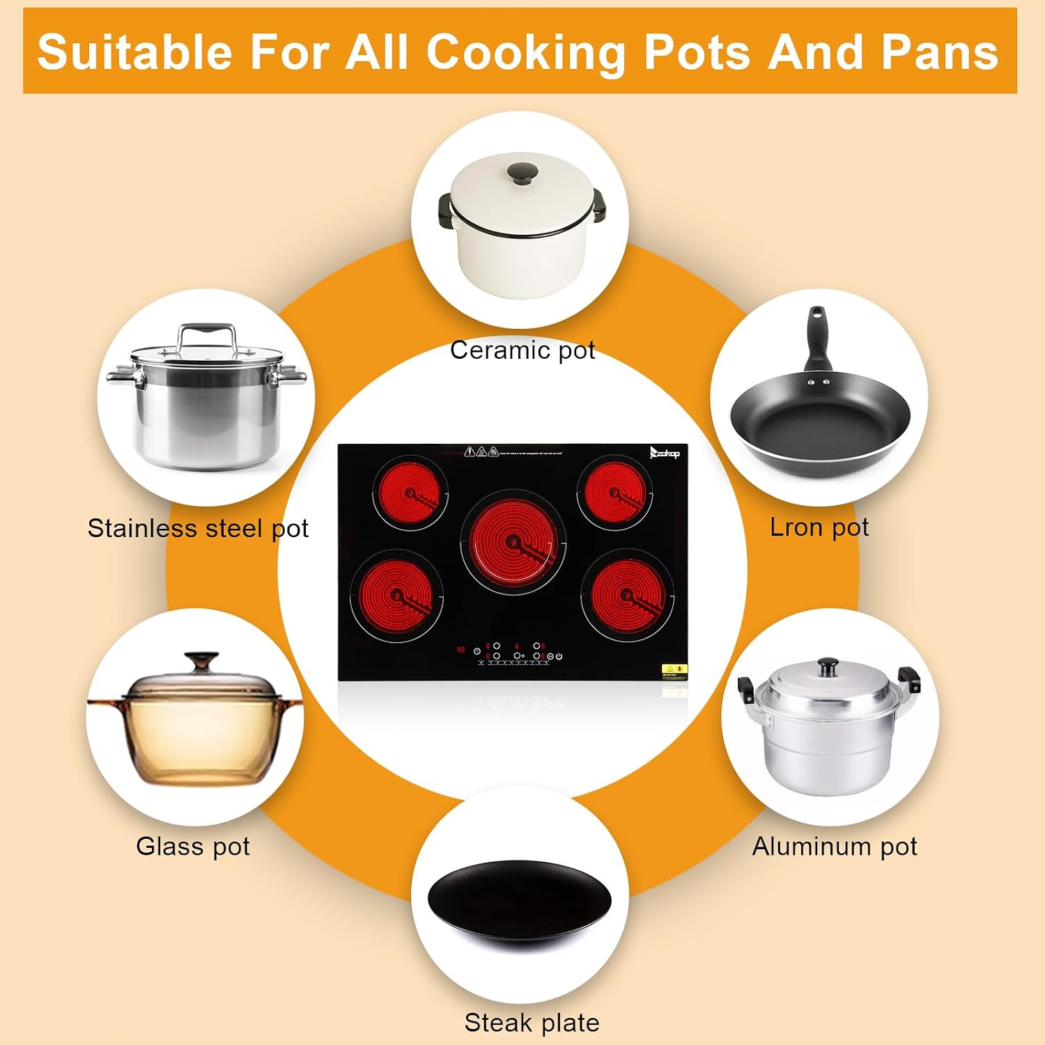Winado 5 Burners Electric Ceramic Cooktop 30 inch, 220-240V Flat Top Stove, Multi-function Elecric Stove Top w/9 Heating Level, Kid Safety Lock, Sensor Touch Control, Timer Setting 7600W, No Plug