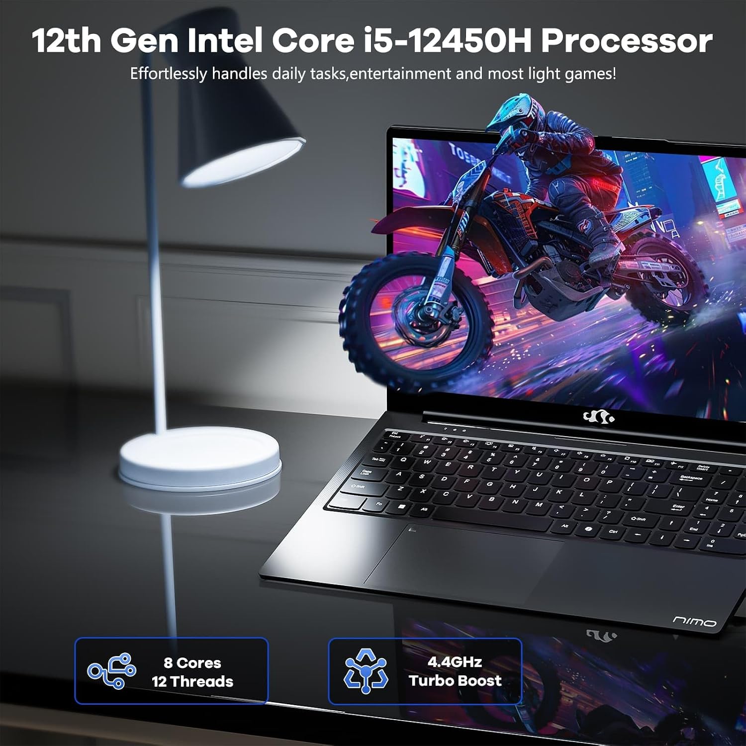 NIMO 15.6' FHD-IPS-Laptop Intel 8 Cores i5-12450H (Up to 4.4GHz, Beat i7-11800H), 8GB RAM 256GB SSD 100W PD Type-C Fingerprint, 2yr Warranty for Professionals & Students Office, Study & Travel