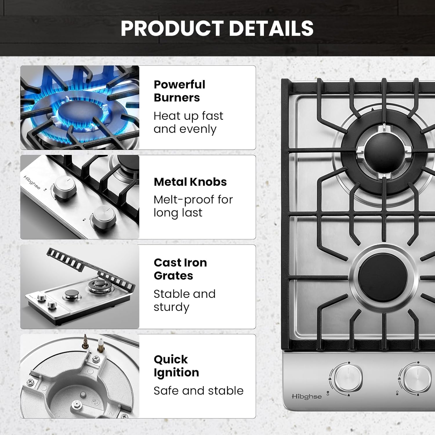 2 Burner Propane Stove, Hibghse 12 Inch Gas Cooktop Built-in Gas Stove NG/LPG Convertible Stainless Steel Stove Burner with Thermocouple Protection for Kitchen, Apartment, Outdoor, RVs