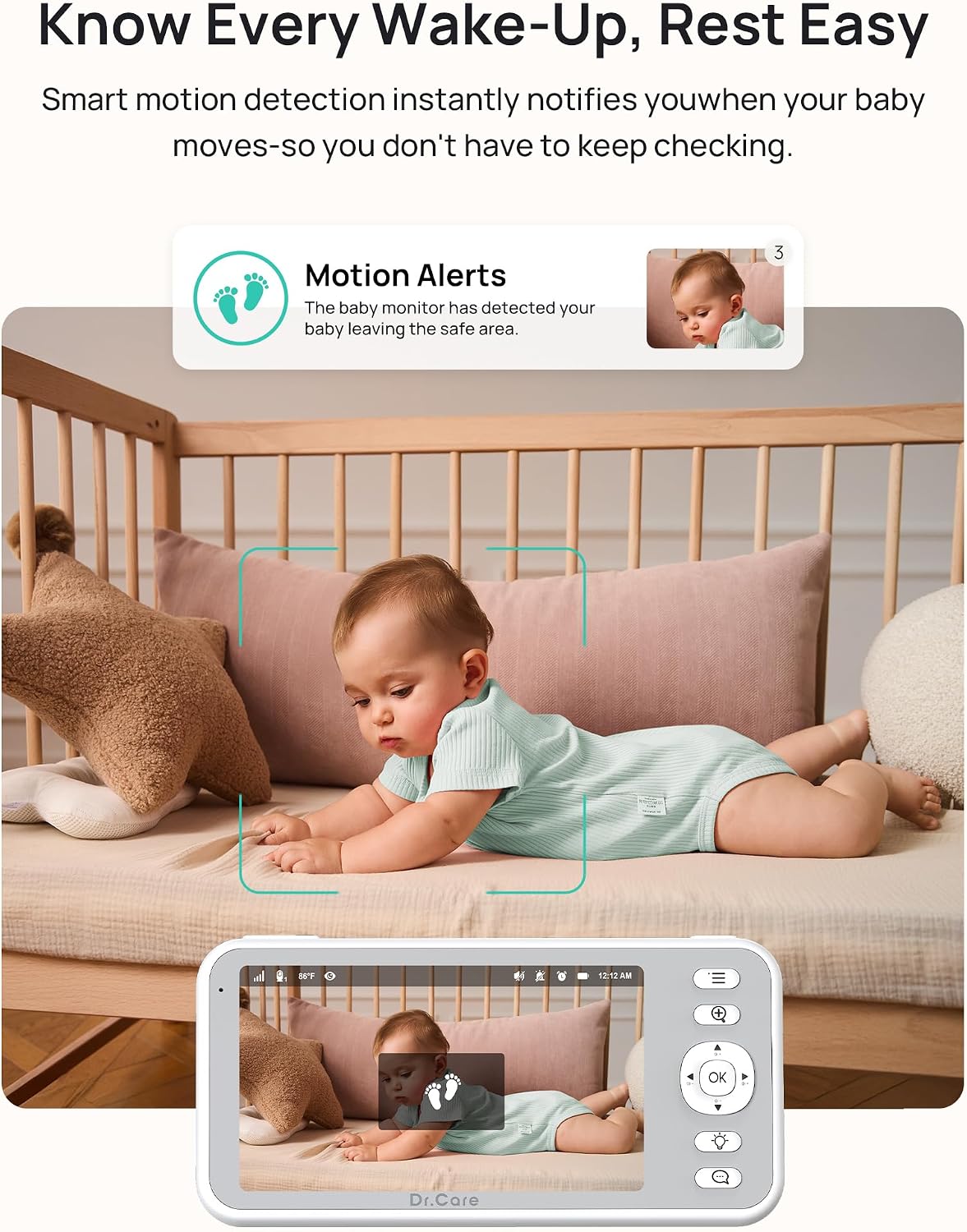 Dr.Care LumiView Smart WiFi Baby Monitor - 5' 1080P FHD & 2K Camera App Control, Privacy Mode, 5000mAh Removable Battery,Cry & Motion Alerts, HD Night Vision, RGB Night Light, Multi-User, 1279ft Range