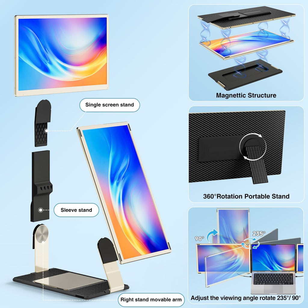 KEFEYA Laptop Screen Extender 15.6', FHD 1080P Portable Triple Monitor for Laptops 13-17.3', 120% sRGB 235° Rotation Detachable Laptop Monitor Extender for Windows/Mac/Dex/Chrome/Surface, Plug n Play