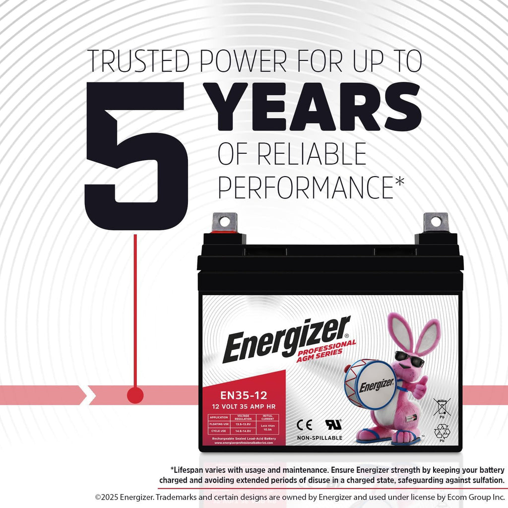 Energizer EN35-12 - 2 PACK - 12 Volt 35 Amp Hr, Long Lasting Sealed Lead Acid AGM Rechargeable Battery Ideal For Use In Wheelchairs, Electric Scooters, Backup Power, and more
