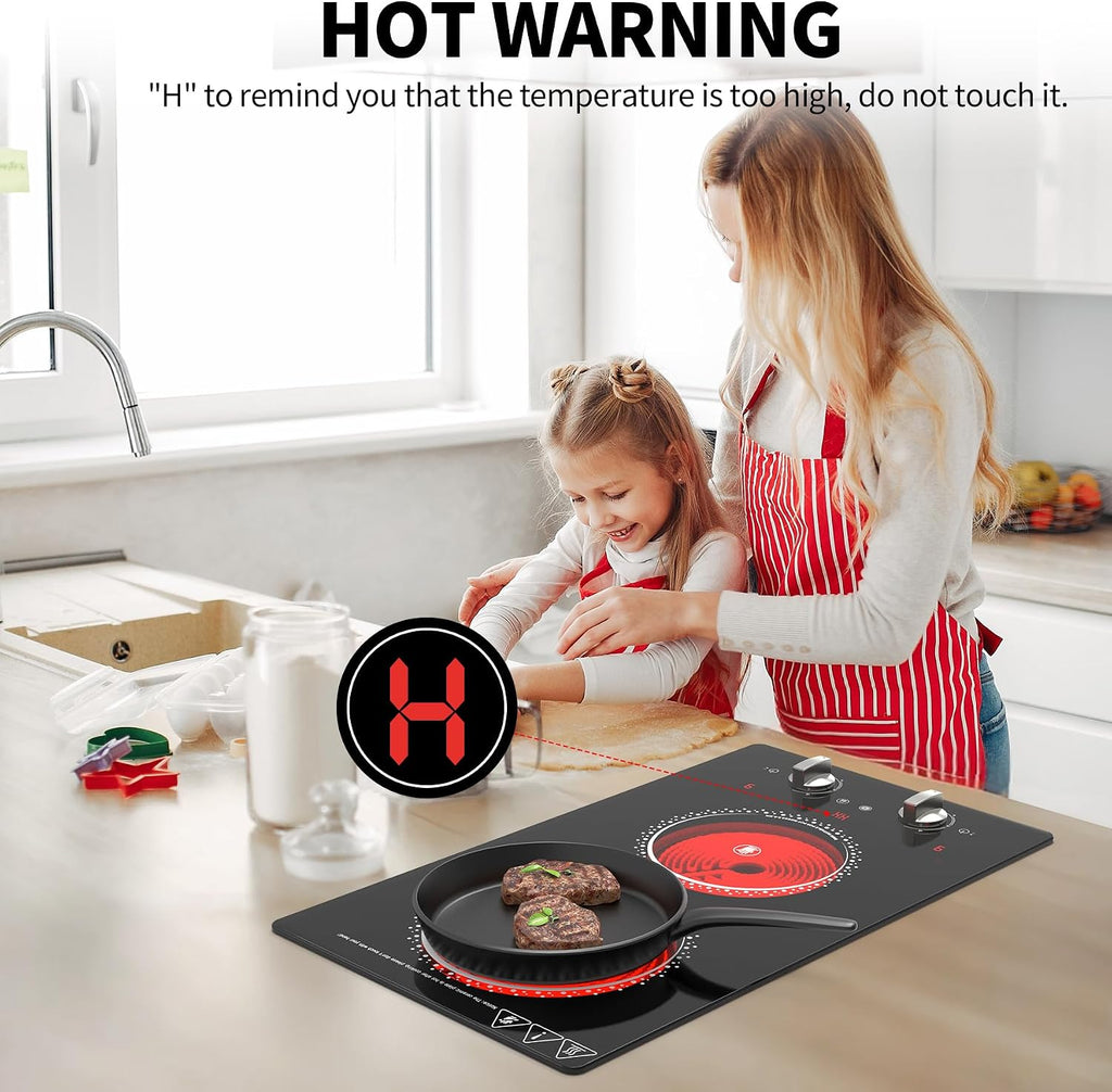 2 Burner Electric Cooktop - 12 Inch Electric Stove Top with Plug, 2100W Countertop Burners & Built-In Stove Top, 9 Levels of Power, Knob Control, Timer & Kid Safety Lock, Residual Heat Warning