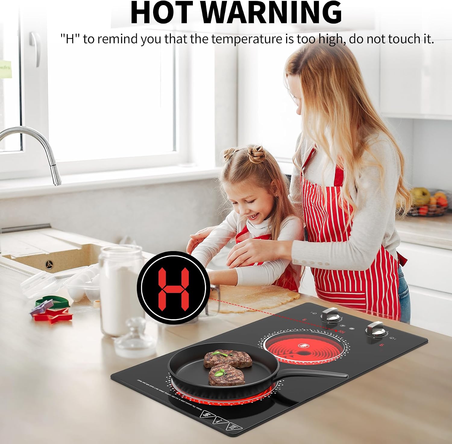 2 Burner Electric Cooktop - 12 Inch Electric Stove Top with Plug, 2100W Countertop Burners & Built-In Stove Top, 9 Levels of Power, Knob Control, Timer & Kid Safety Lock, Residual Heat Warning