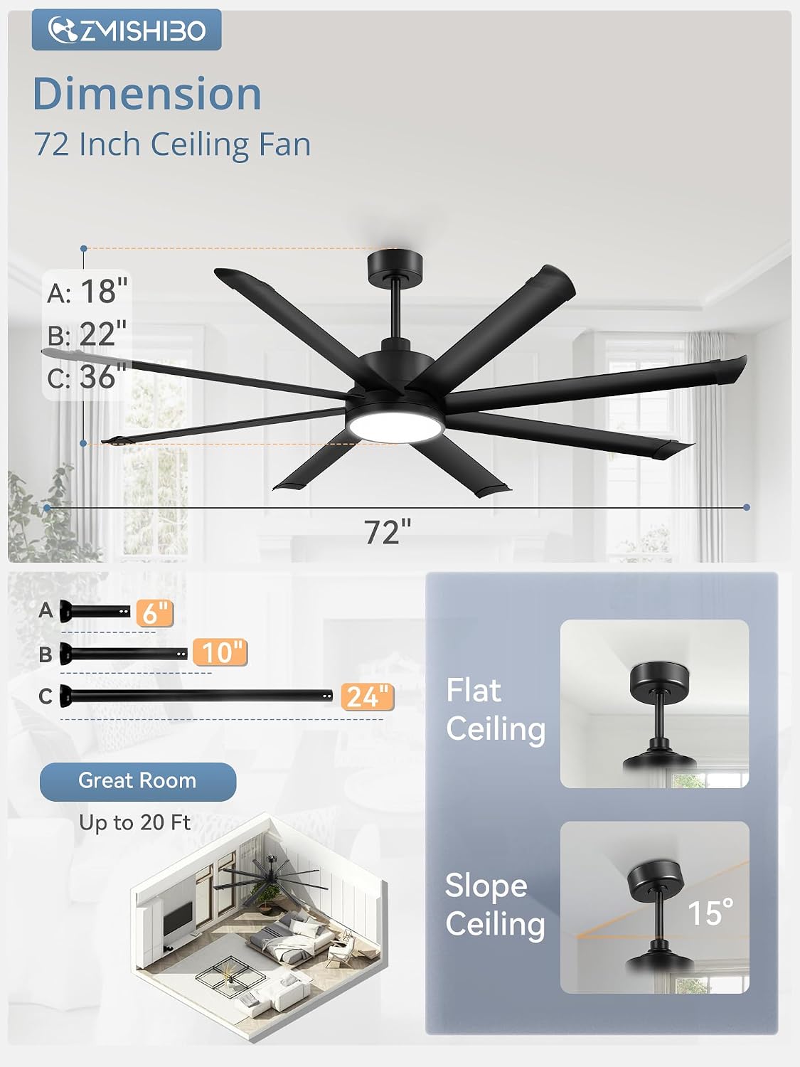 ZMISHIBO 72 Inch Ceiling Fans with Lights, Indoor/Outdoor Industrial Ceiling Fan with 8 Aluminum Reversible Blade, Quiet DC Motor, 3CCT&6-Speed Remote Control, Damp Rated for Living Room/Garage/Gazebo
