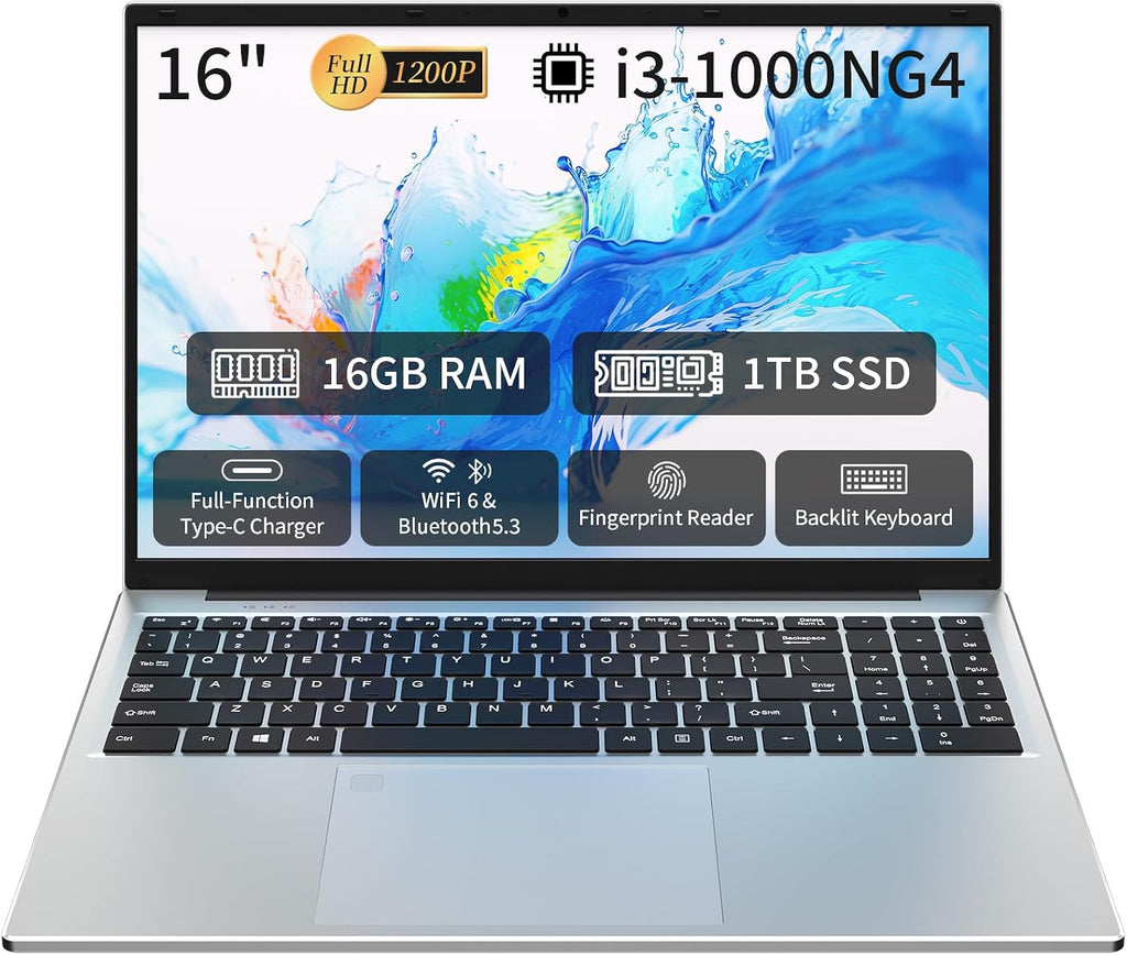 Auusda 16' Traditional Laptop Computer, i3 Processor 16GB RAM 1TB SSD Silver Laptops Notebook with Backlit Keyboard, Fingerprint, WiFi 6 Bluetooth 5.3 Laptops for Students & Office USB-C Port