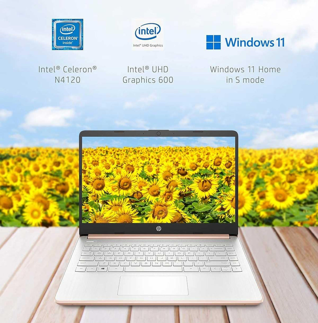 HP 14in School and Business Laptop, Intel Quad-Core N4120 CPU, 16GB RAM, 64GB eMMC, 256GB Micro SD, 1-Y Office 365, Webcam, HDMI, WiFi, Win 11 S(Rose Gold)