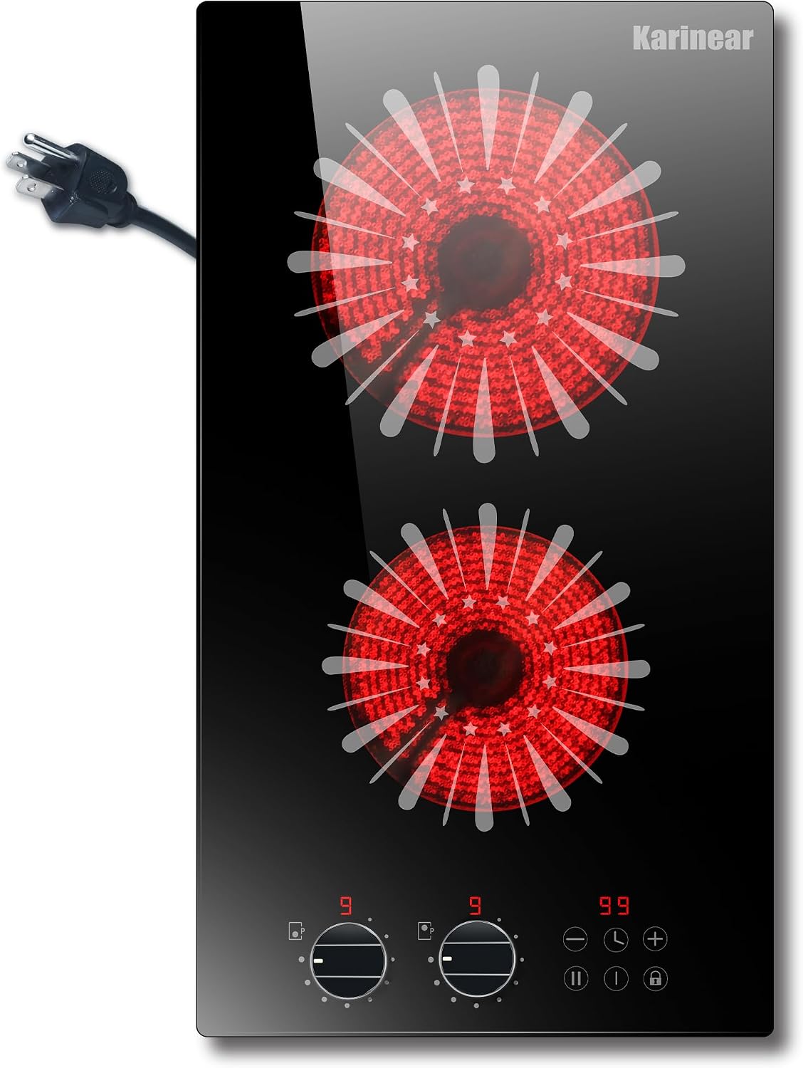 Karinear 110V Electric Cooktop 2 Burners, 12 Inch Electric Stove with Plug in, Countertop & Built-in Ceramic Stove Top, Knob and Sensor Touch Control, Multifunctional Radiant Stove(Black)