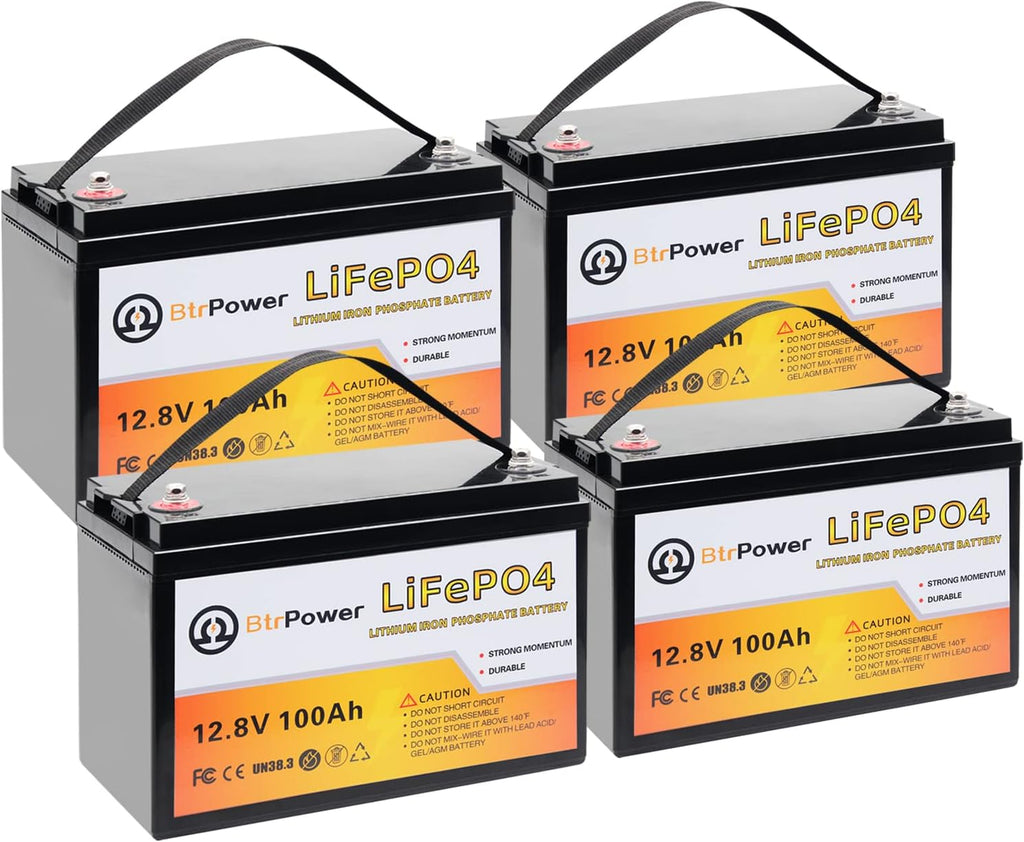 12V Lithium Battery,5000+ Deep Cycle LiFePO4 Battery with Built-in 100A BMS fit for Home Storage,Trolling Motor,RV,Off-Grid System,Solar Power System,Marine (4PACK-12V100AH)