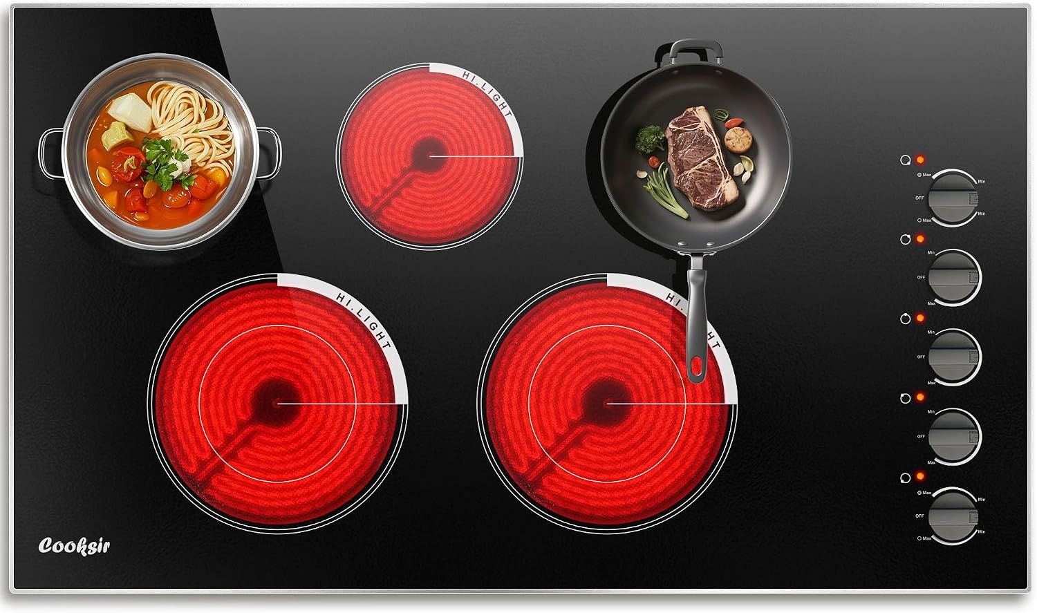 36 Inch Electric Cooktop - Built-in(34.25'x19.3') 5 Burner Electric Stove with 8400W High Power, 36' Large 5 Zones Radiant Ceramic Stove Knob Control, Residual Heat Indicator, 220V Hard Wired