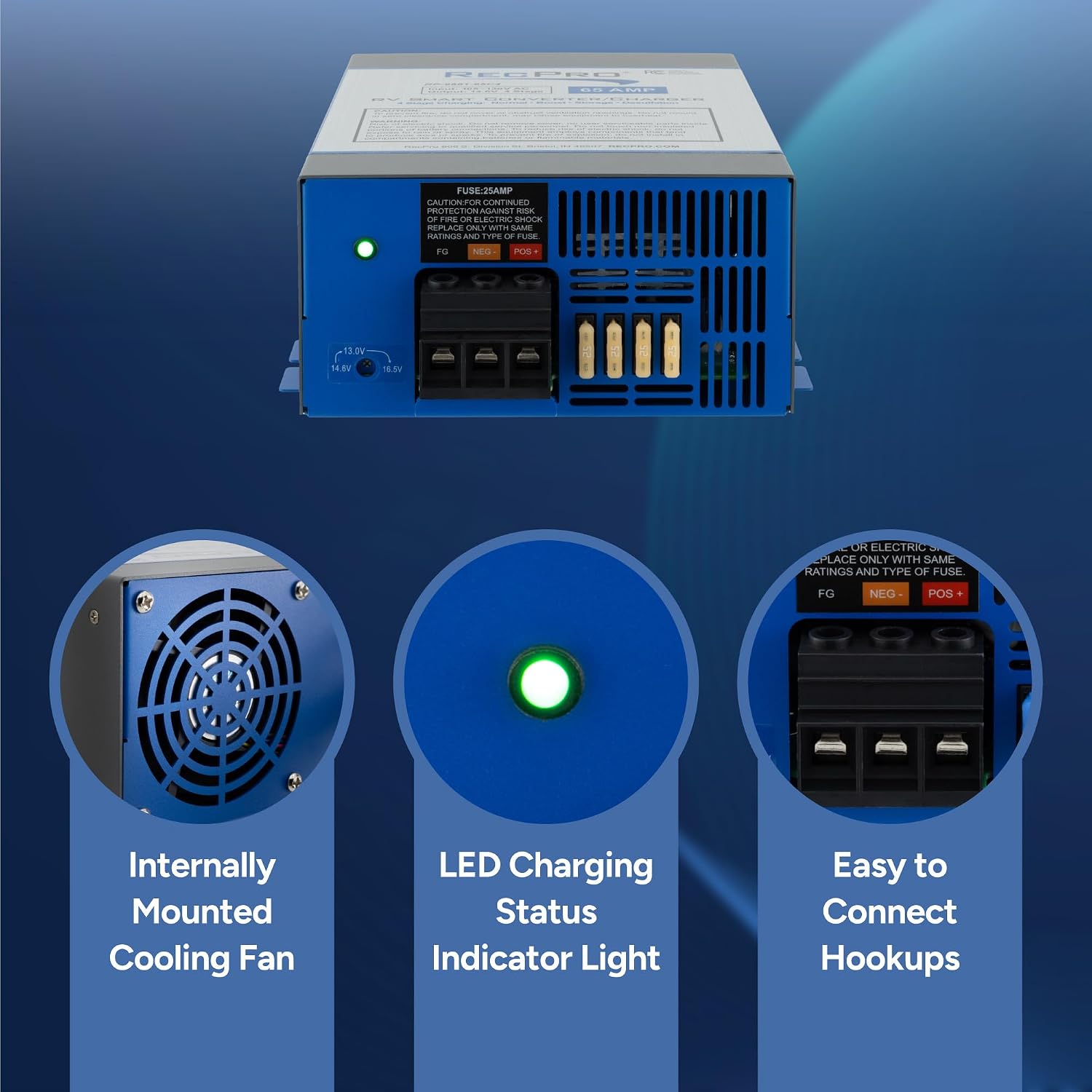 RecPro RV Converter 65 Amp | RV Power Converter & Battery Charger | 4 Stage Smart Charging | 120VAC to 12VDC | 13V to 16.5V Operating Range