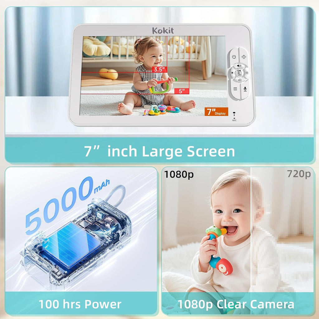 Baby Monitor with Camera and Audio - 7' Split Screen, 5000mAh Battery (100H in VOX), 1080P PTZ Baby Camera Monitor with Flexible Mount, No WiFi Baby Monitor, Secure 2.4GHz FHSS
