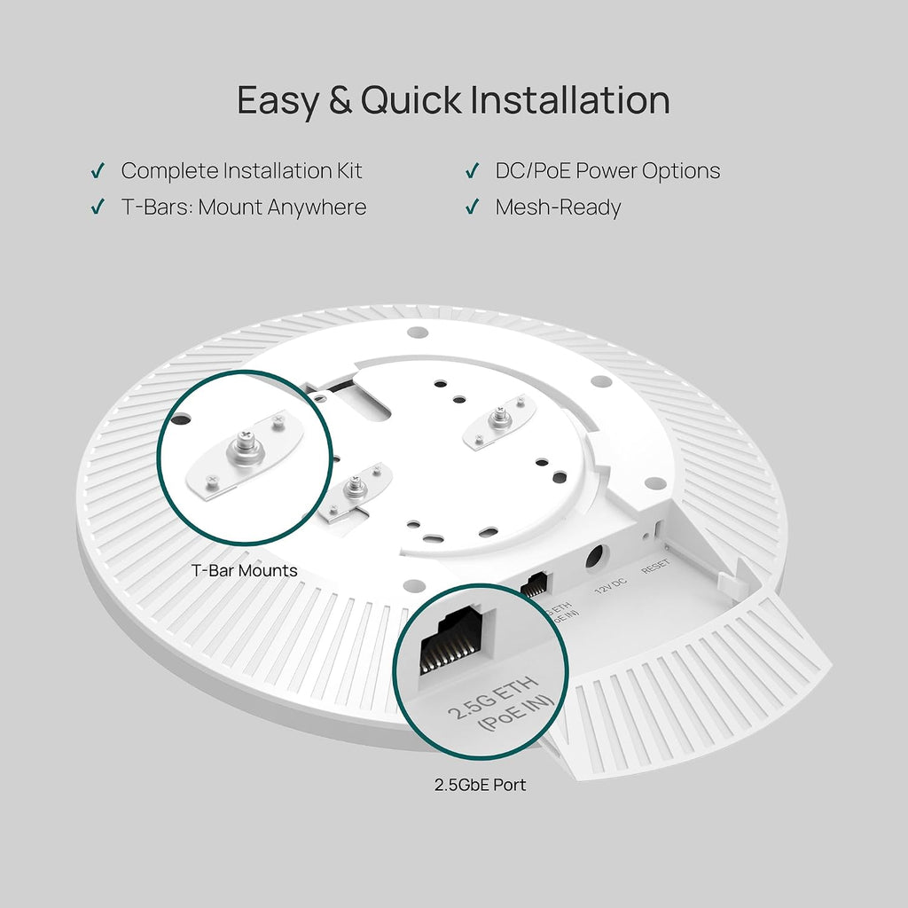 TP-Link Omada WiFi 7 Wireless Access Point - BE11000 Tri-Band, 2.5G Port, PoE+ or DC Powered, DC Adapter Included, 5yr Warranty, Captive Portal, Mesh, WPA3, Roaming, Business WiFi Experience(EAP770)