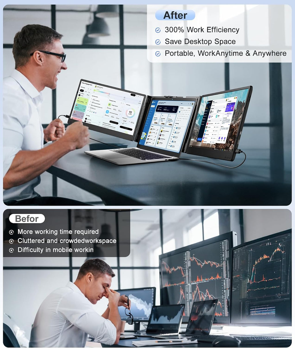 Laptop Screen Extender, 14' FHD 1080P Portable Laptop Monitor, Plug and Play Triple Screen Extender, Auto-Adjust Width Dual Monitor for 13–17' Laptops, Compatible with macOS, Wins, Chrome, Dex