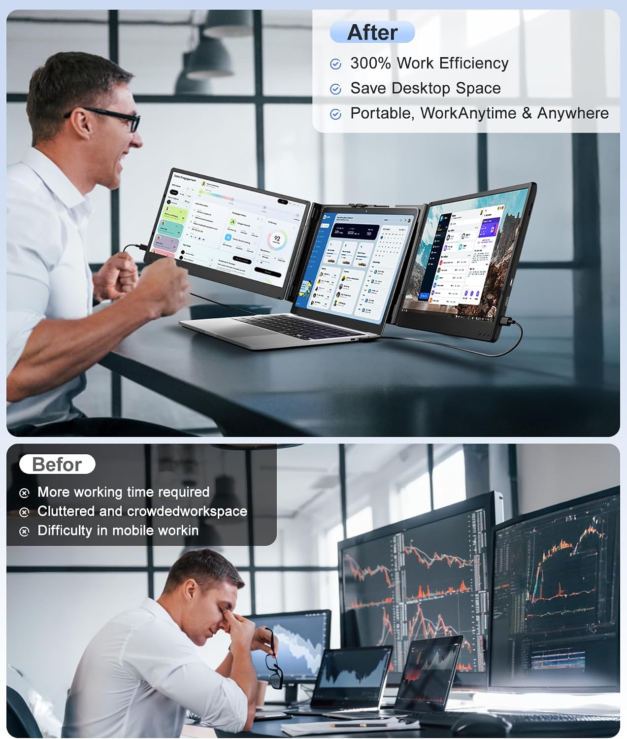 Laptop Screen Extender, 14' FHD 1080P Portable Laptop Monitor, Plug and Play Triple Screen Extender, Auto-Adjust Width Dual Monitor for 13–17' Laptops, Compatible with macOS, Wins, Chrome, Dex