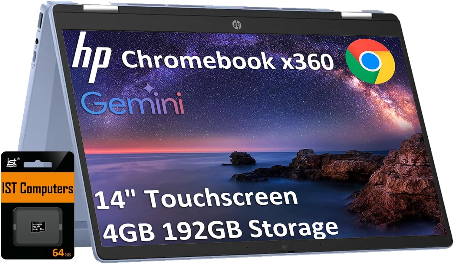 HP Chromebook x360 14b 2-in-1 Touchscreen Laptop (14' HD, 4GB RAM, Intel N200, 192GB Storage (128GB SSD+64GB SD Card)) for Home, Students, HD Webcam, Wi-Fi 6, Long Battery Life, Chrome OS, Sky Blue
