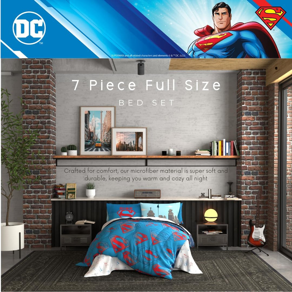 Franco Superman DC Comics Kids Bedding Super Soft & Cozy Reverisble Microfiber Comforter and Sheet Set with Sham, 7 Piece Full Size, (Officially Licensed Product) (Pack of 4)