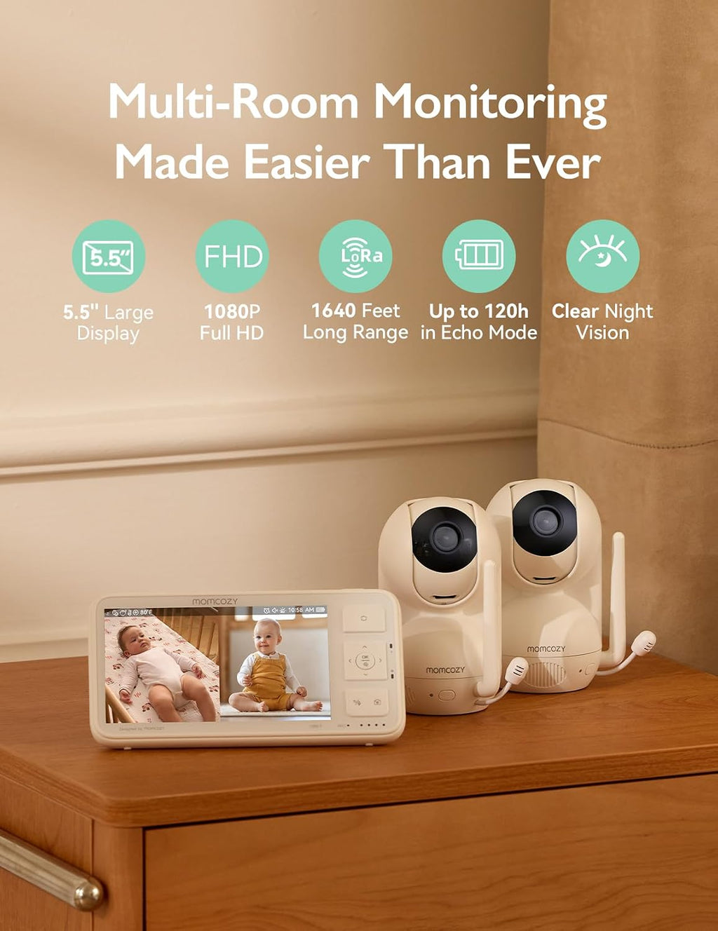 Momcozy Baby Monitor with 2 Cameras 5.5' 1080P Full HD Split Screen Video Baby Monitor with Camera and Audio, No WiFi 5800mAh Battery, ECO, VOX, Clear Night Vision 1640ft Range (SD Card not Included)
