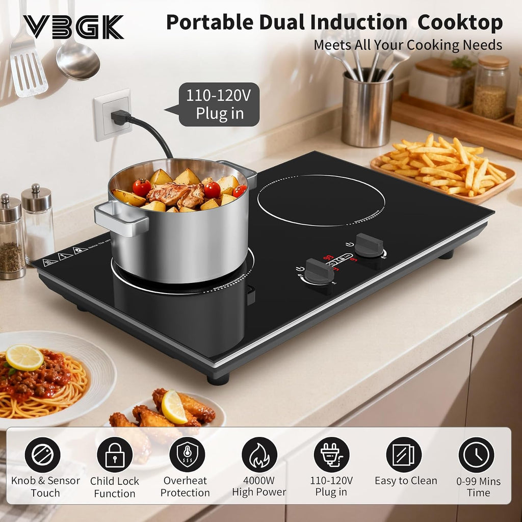 VBGK Induction Cooktop,110V 4000W Countertop burners with Knob Control,9 Power Levels, Kids Lock & Timer,LED touch control,Overheat Protection Electric stove,2 burner induction cooktop