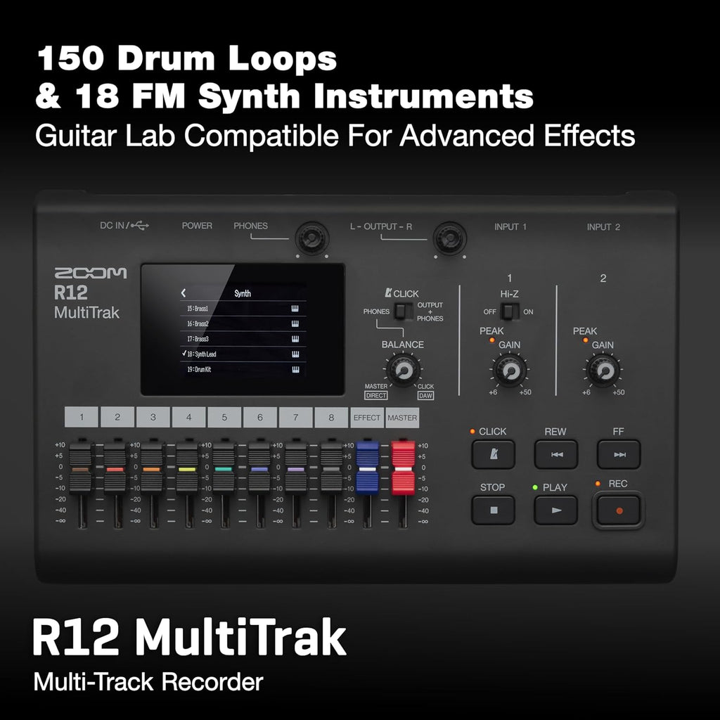 Zoom R12 Multi-Track Portable Recorder for Musicians, with 2 XLR/TRS Combo Inputs, 8 Tracks, Touchscreen, Onboard Editing, Effects, Drum Loops, Battery Powered, USB Audio Interface