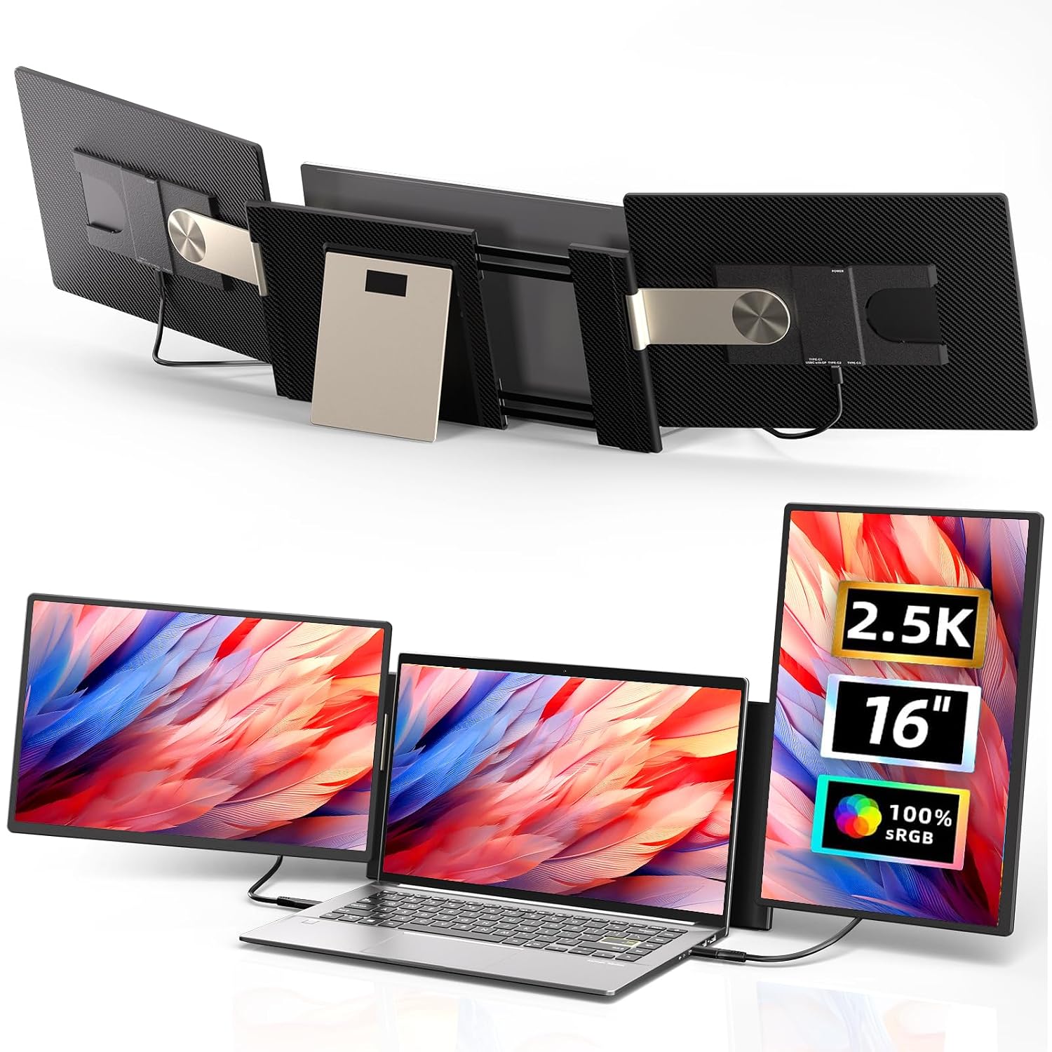 Laptop Screen Extender 2.5K Monitor - 16' Double Portable Monitor 2560x1600P QHD 100% sRGB IPS 235° Rotation Detachable Screen Design Extra Compatible with Mac Wins Dex Chrome Fits 13'-17' Laptops
