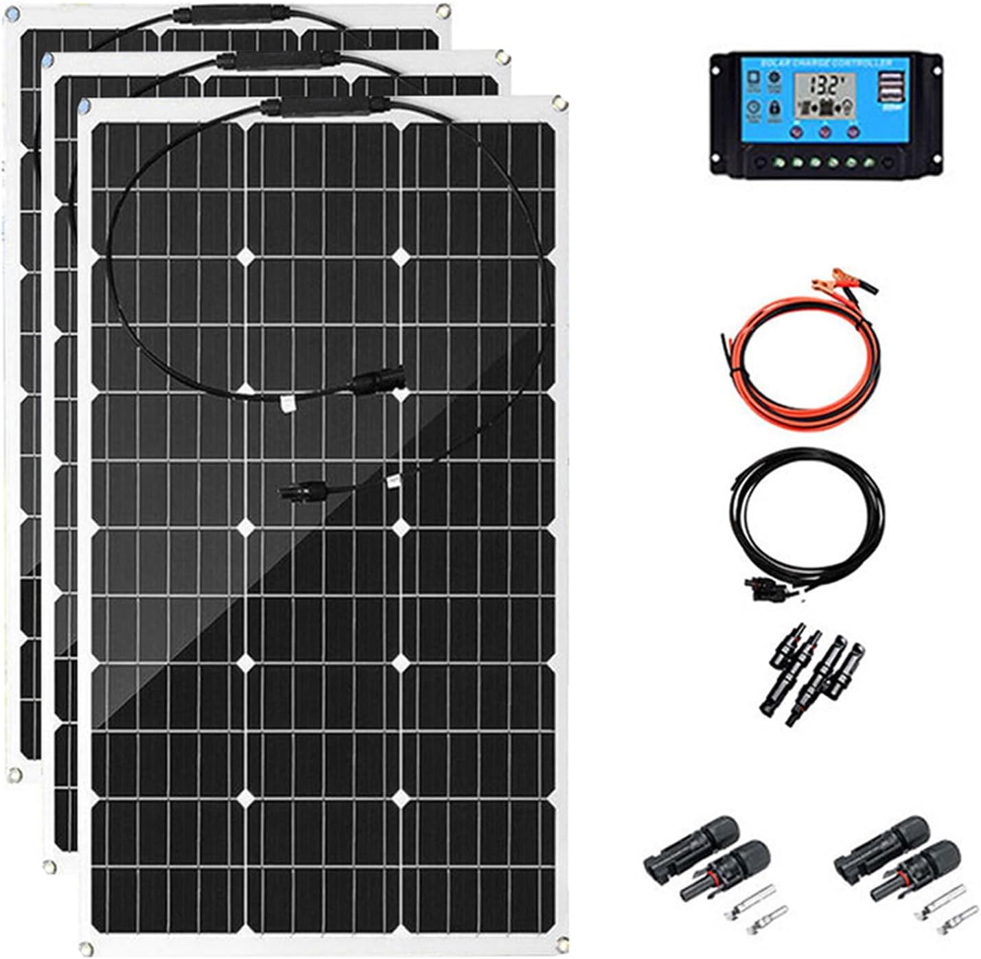 300 Watt 12 Volt Flexible Monocrystalline Solar Panel High Efficiency PV Module with 40A Charge Controller Extension Cable for RV Trailer Marine Rooftop Home Farm Off-Grid System 3 * 300W