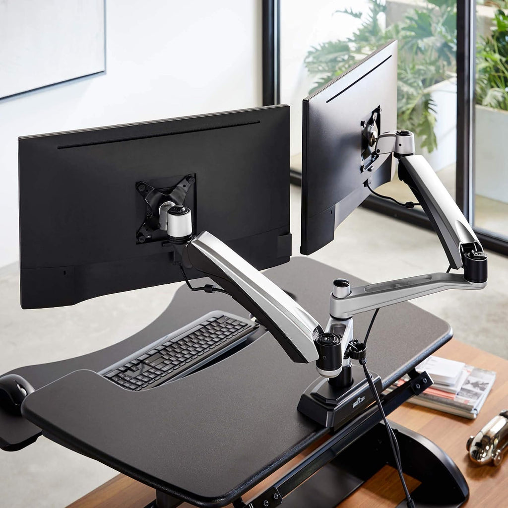 Vari Dual Monitor Arm - VESA Monitor Mount w/ 360 Degree Adjustment - Monitors up to 27 inches, 19.8 lbs - Double Monitor Arms with Full Adjustability - Computer Monitor Stand for Home or Office