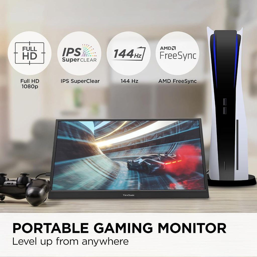 ViewSonic VX1754 17 Inch 1080p IPS Portable Gaming Monitor with 144Hz, AMD FreeSync,2 Way Powered 60W USB C, Mini HDMI, and Built-in Stand with Protective Cover (Renewed)