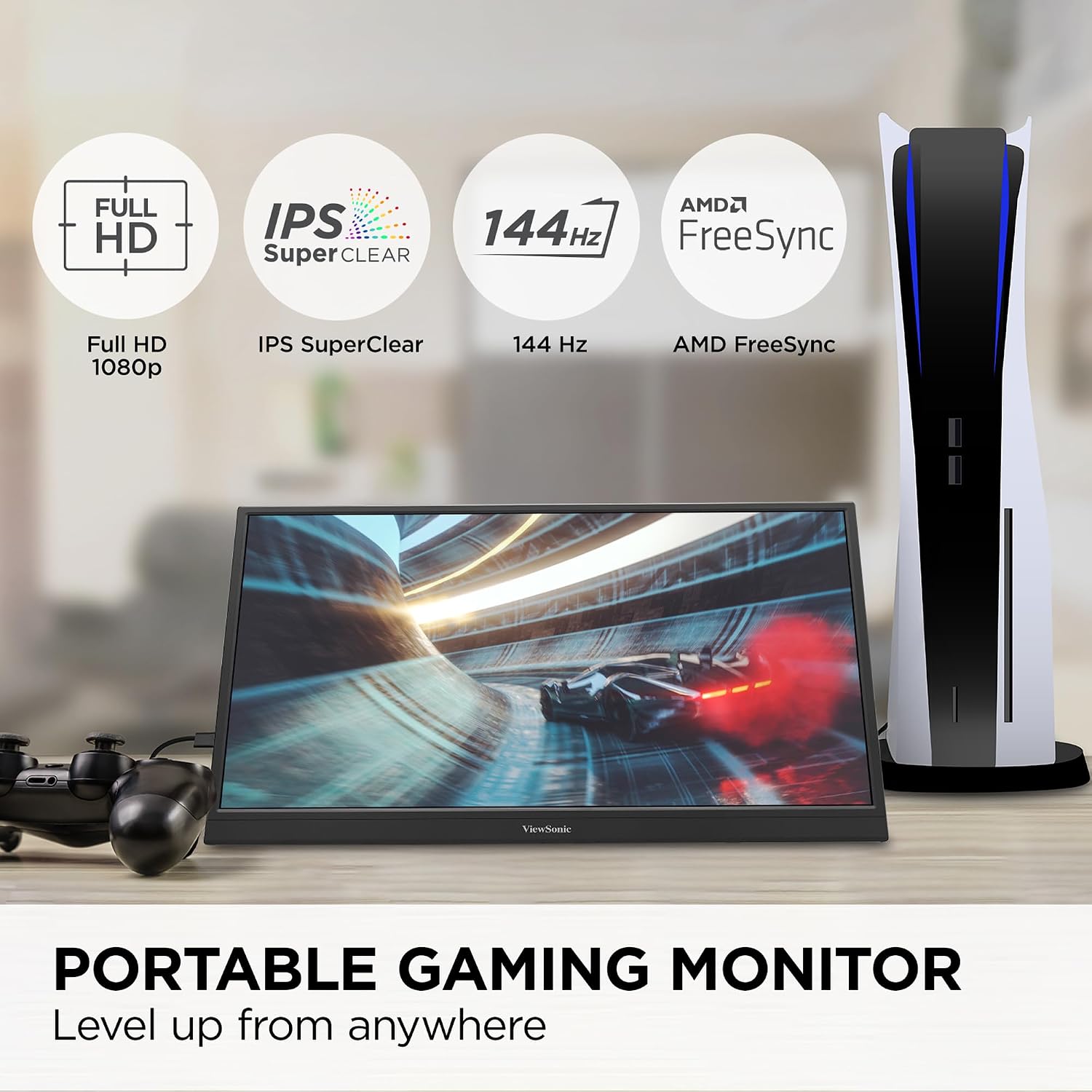 ViewSonic VX1754 17 Inch 1080p IPS Portable Gaming Monitor with 144Hz, AMD FreeSync,2 Way Powered 60W USB C, Mini HDMI, and Built-in Stand with Protective Cover (Renewed)