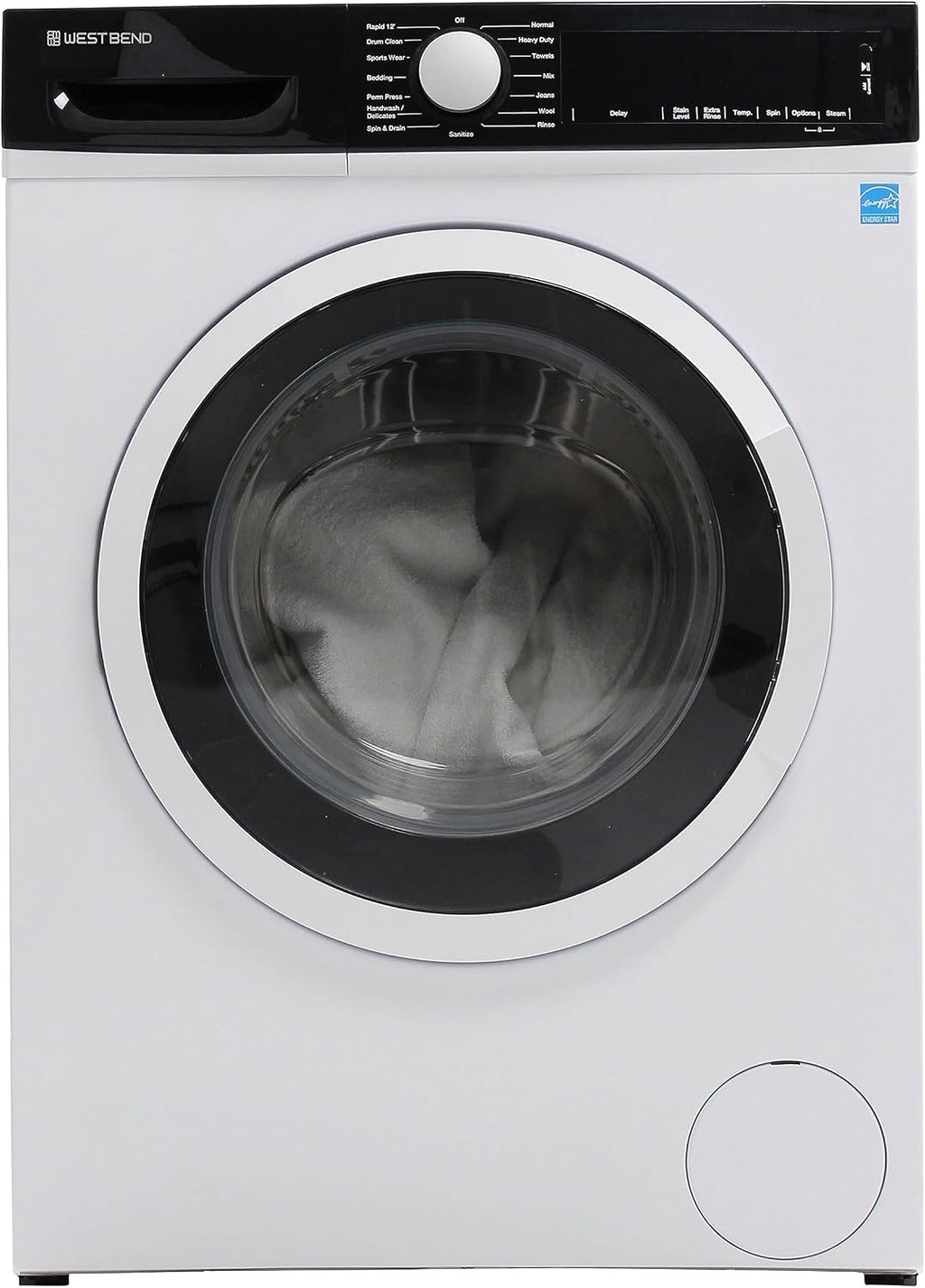 West Bend Washer Compact Front Load Washing Machine with 15 Wash Cycles, LED Display, See-Through Door, Stackable and Space-Saving Design, for Apartments, RVs, and Small Spaces, 2.2 Cu.Ft., White