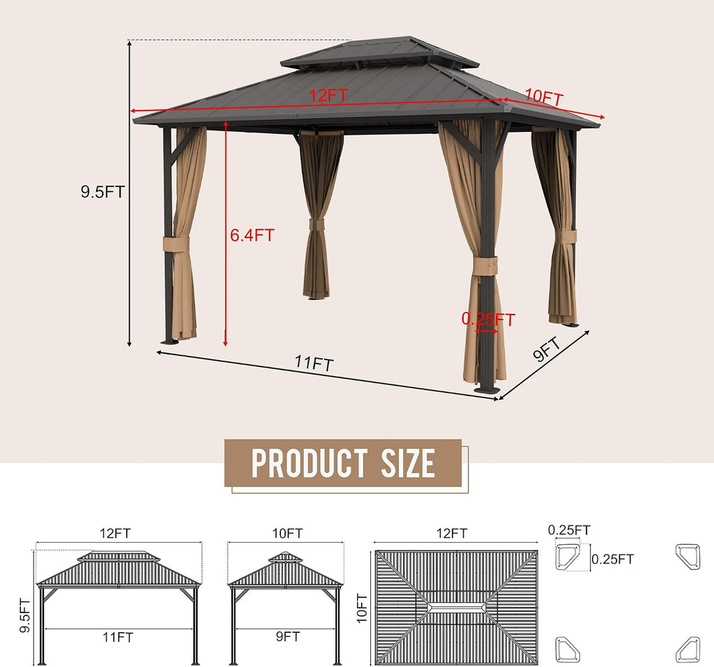 10'x12' Hardtop Gazebo, Outdoor Aluminum Frame Galvanized Steel Double Roof Pavilion with Netting and Shaded Curtains, Permanent Metal Pergolas for Patio, Backyard, Deck and Lawns.