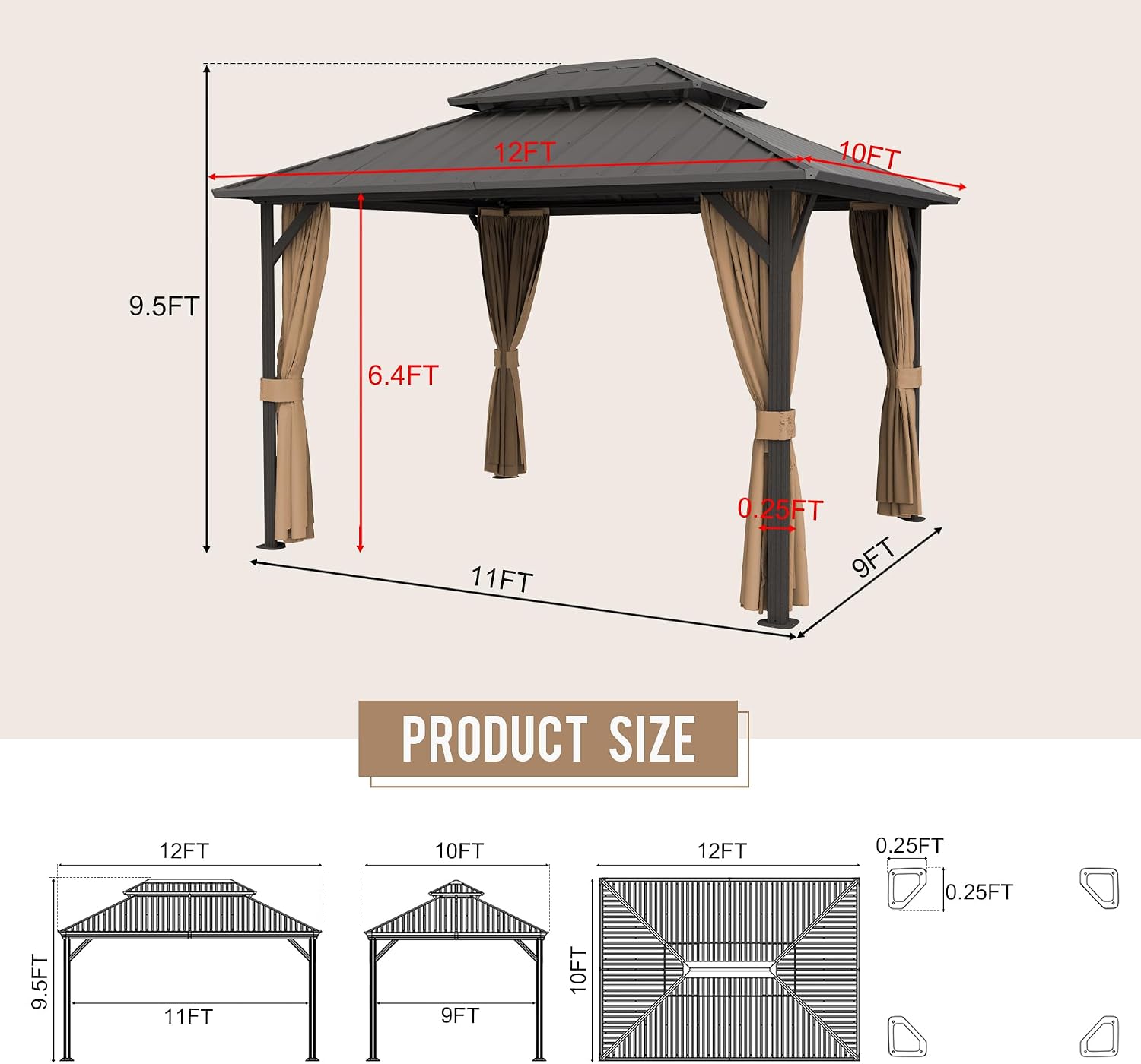 10'x12' Hardtop Gazebo, Outdoor Aluminum Frame Galvanized Steel Double Roof Pavilion with Netting and Shaded Curtains, Permanent Metal Pergolas for Patio, Backyard, Deck and Lawns.