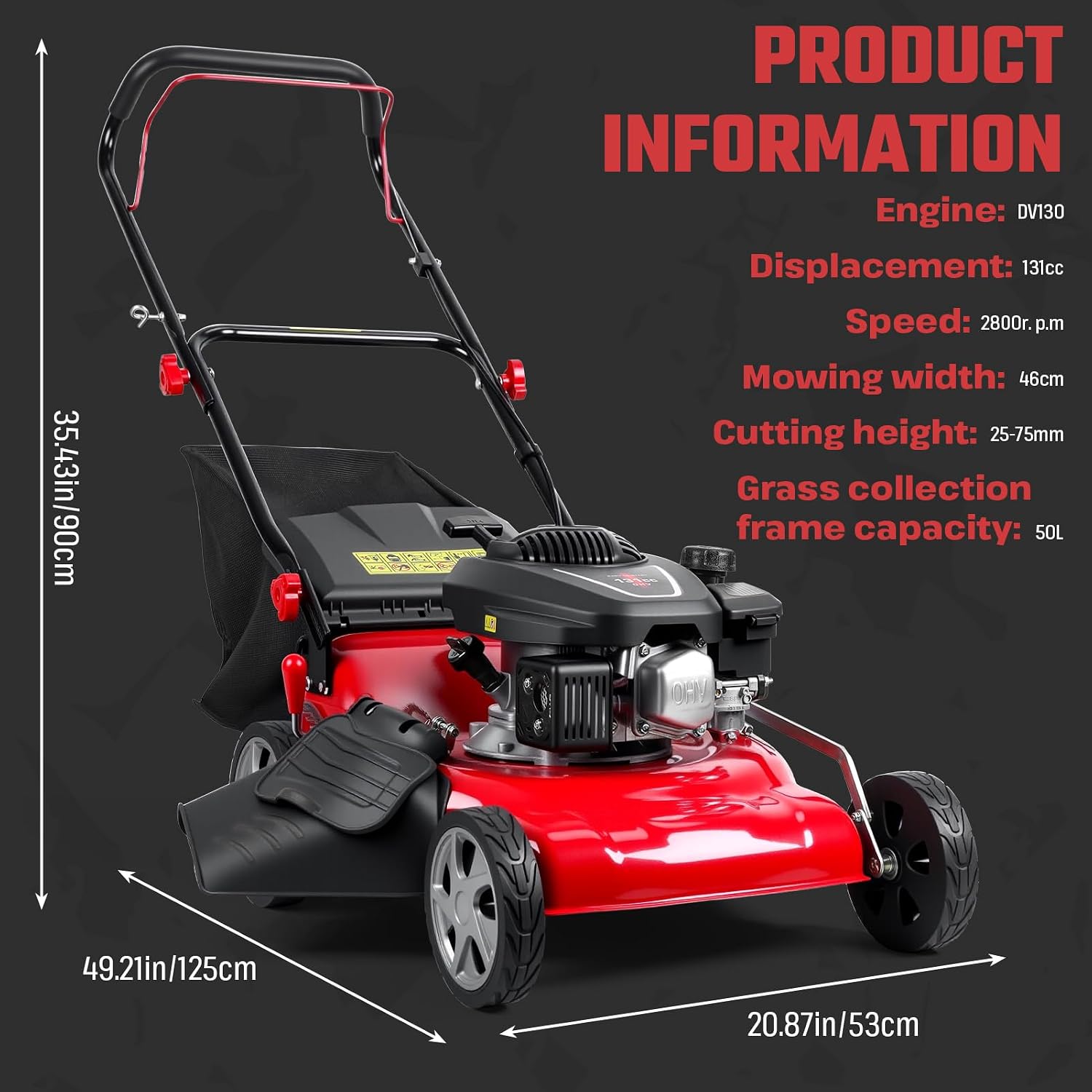 Self-Propelled Gas Lawn Mower, 131cc Engine 18-Inch Walk-Behind Push Mower with 50L Grass Bag, 3-in-1 Cutting, 8-Level Height Adjustment and Foldable Design