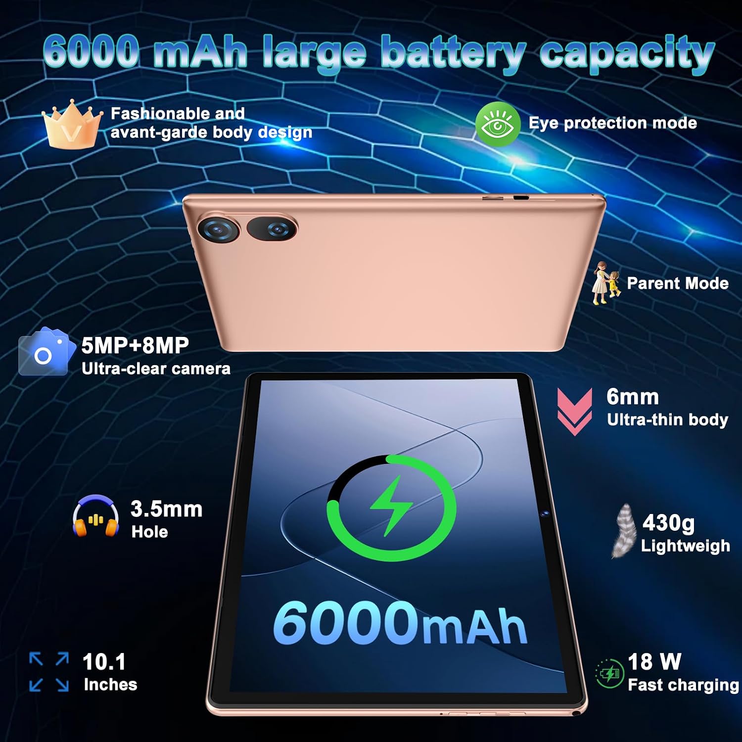 DMOAO Tablet, 2026 Android 15 Tablet with Gemini AI, 10.1 Inch FHD Display, 30GB RAM 64GB ROM /1TB TF, 6000mAh Battery, Octa-Core 2.0GHz, Widevine L1, 2 in 1 Tablets with Keyboard Mouse(Gold)