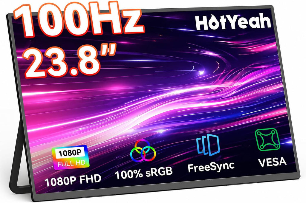 HotYeah 23.8' 100Hz Portable Monitor, 1080P FHD 100% sRGB IPS USB-C HDMI Large External Monitor, Home Gaming 2nd Screen w/180° Adjustable Kickstand for MacBook, Laptop, PC, Phone, Tablet, Switch, PS5