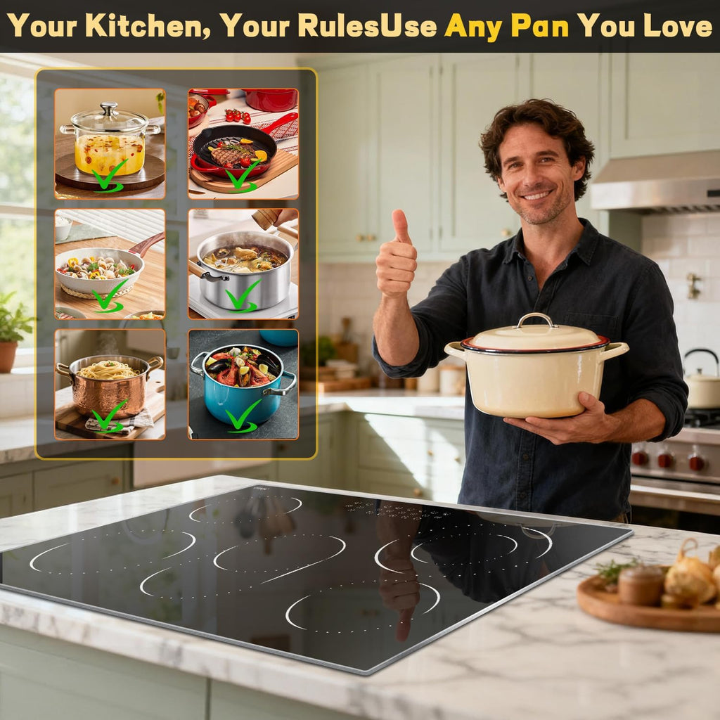 Hobsir 30 Inch Electric Cooktop, 5 Burners Cooktop, Electric Stove Top Burner, 8400W Drop-in Ceramic Stove Cooktops with Glass Metal Frame, Timer, Safety Lock, 220-240V, Hard Wired (No Plug) Cooktops