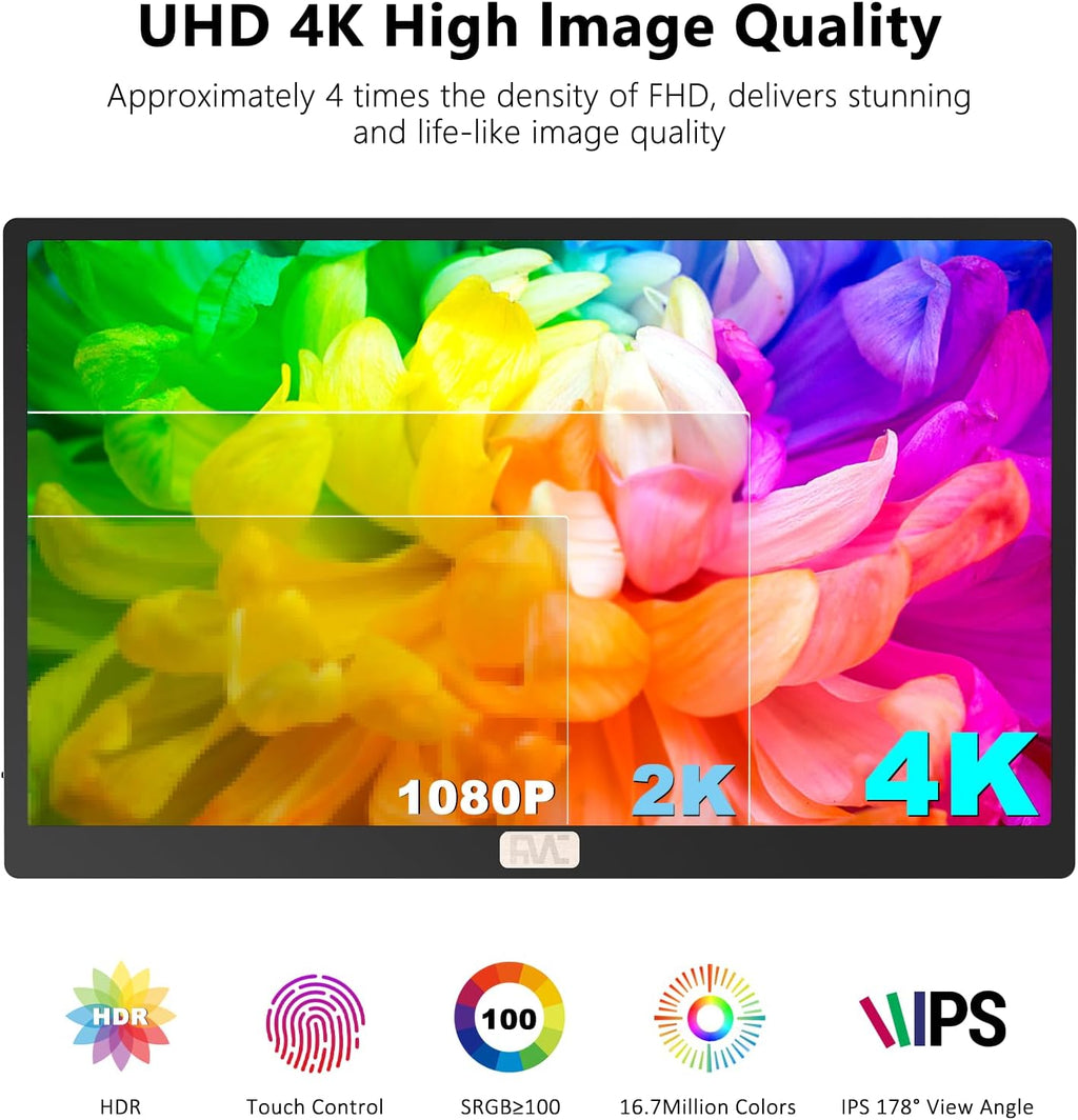 Portable Monitor,4K Portable Touchscreen Monitor,15.6' High Resolution Monitor,IPS External,Touchscreen HDR HDMI USB-C Travel Monitor for Laptop MacBook Pc Surface PS5 Xbox (15.6')