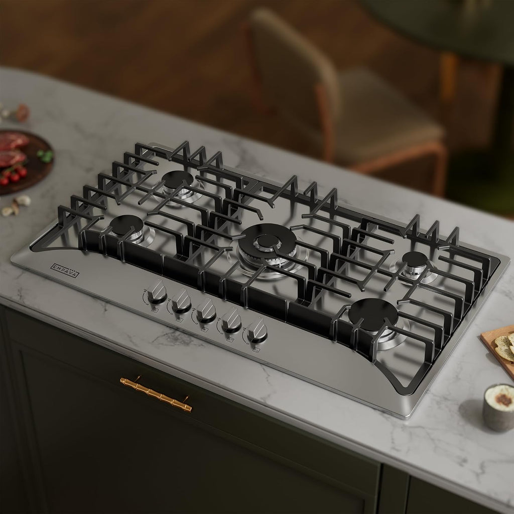 Empava 36 Inch Gas Cooktop with 5 Sealed SABAF Burners, Stainless Steel Built-in Stove Top, LPG/NG Convertible, Auto Electric Pulse Ignition, Flame Failure Protection