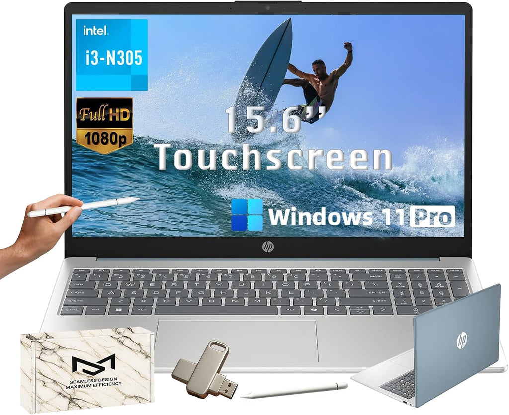 HP 15.6 Touchscreen Laptop Computer - Windows 11Pro, AI Copilot, 16GB RAM + 512GB SSD, 15.6'' FHD Anti-Glare Touchscreen (1920 x 1080), Intel 8 Core i3-N305, Intel UHD Graphics, WiFi-6, Moonlight Blue