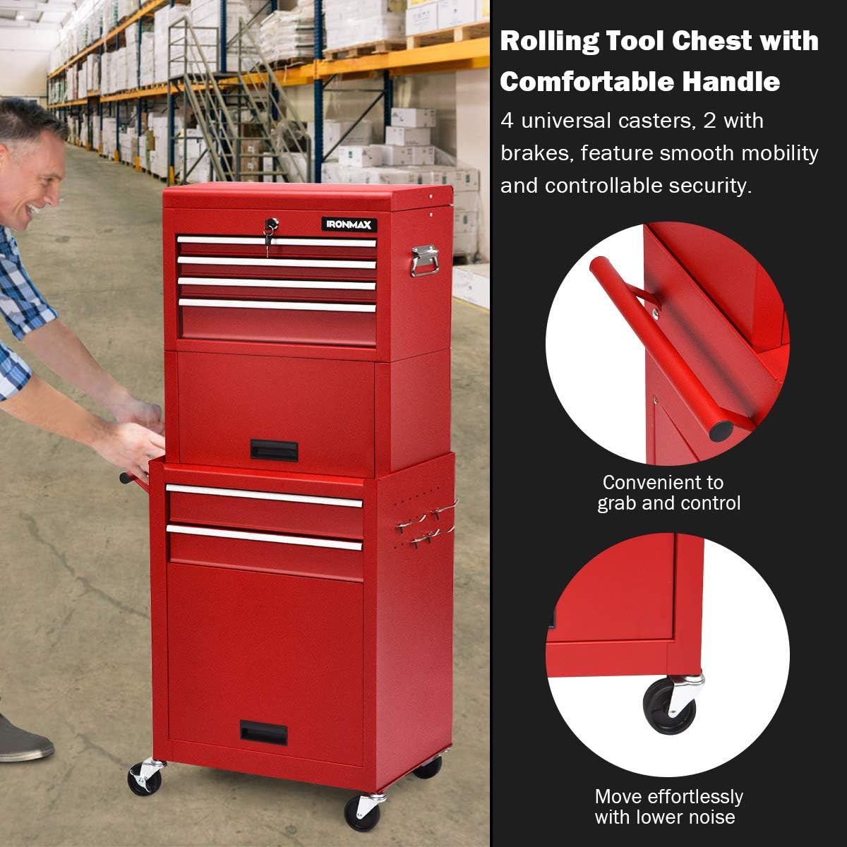 Goplus Tool Chest, 3-in-1 Rolling 6 Drawers Tool Cabinet with Detachable Top Toolbox, Middle Tool Storage, Universal Lockable Wheels, Protective Liner, Auto Lock, Metal Tool Box for Garage Workshop