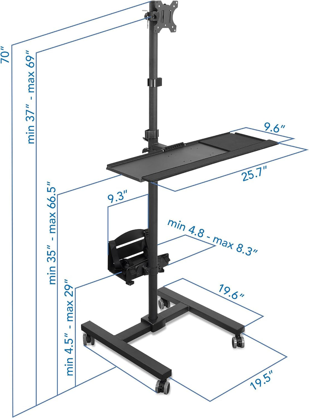 Mount-It! Rolling Computer Cart on Wheels, Mobile Desk Workstation with Monitor Mount for up to 32' Screen, Full Keyboard Tray, Floating Adjustable CPU Holder, Standing up to 70' Tall