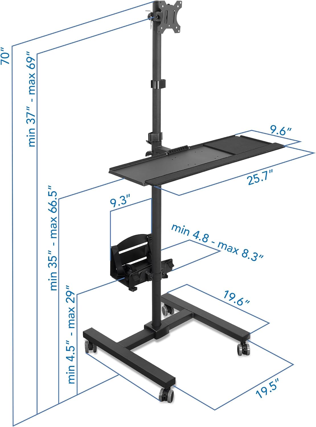Mount-It! Rolling Computer Cart on Wheels, Mobile Desk Workstation with Monitor Mount for up to 32' Screen, Full Keyboard Tray, Floating Adjustable CPU Holder, Standing up to 70' Tall