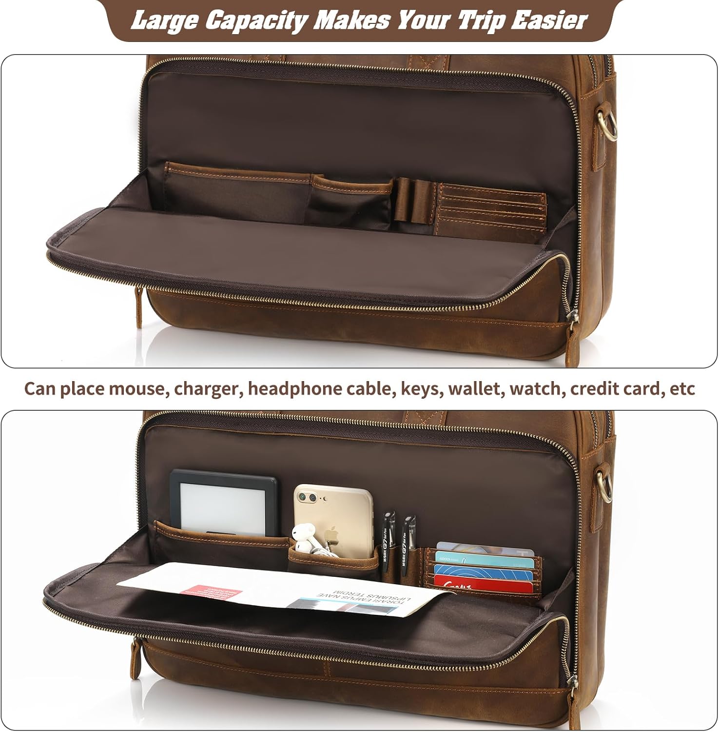 Jack&Chris Full Grain Leather Briefcase for Men, Business Messenger Bag Laptop Bag Attache Case, Fits 15.6 Inch Laptop
