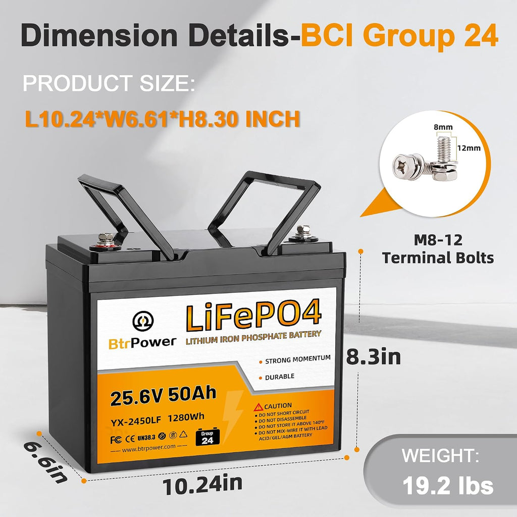 24V 50Ah LiFePO4 Battery,5000+ Deep Cycle, 24v Trolling Motor Lithium Battery,Bulit-in 50A BMS,Perfect for Fish Finder Boat,Marine,RV,Off-Grid System,Solar System,Home Storage