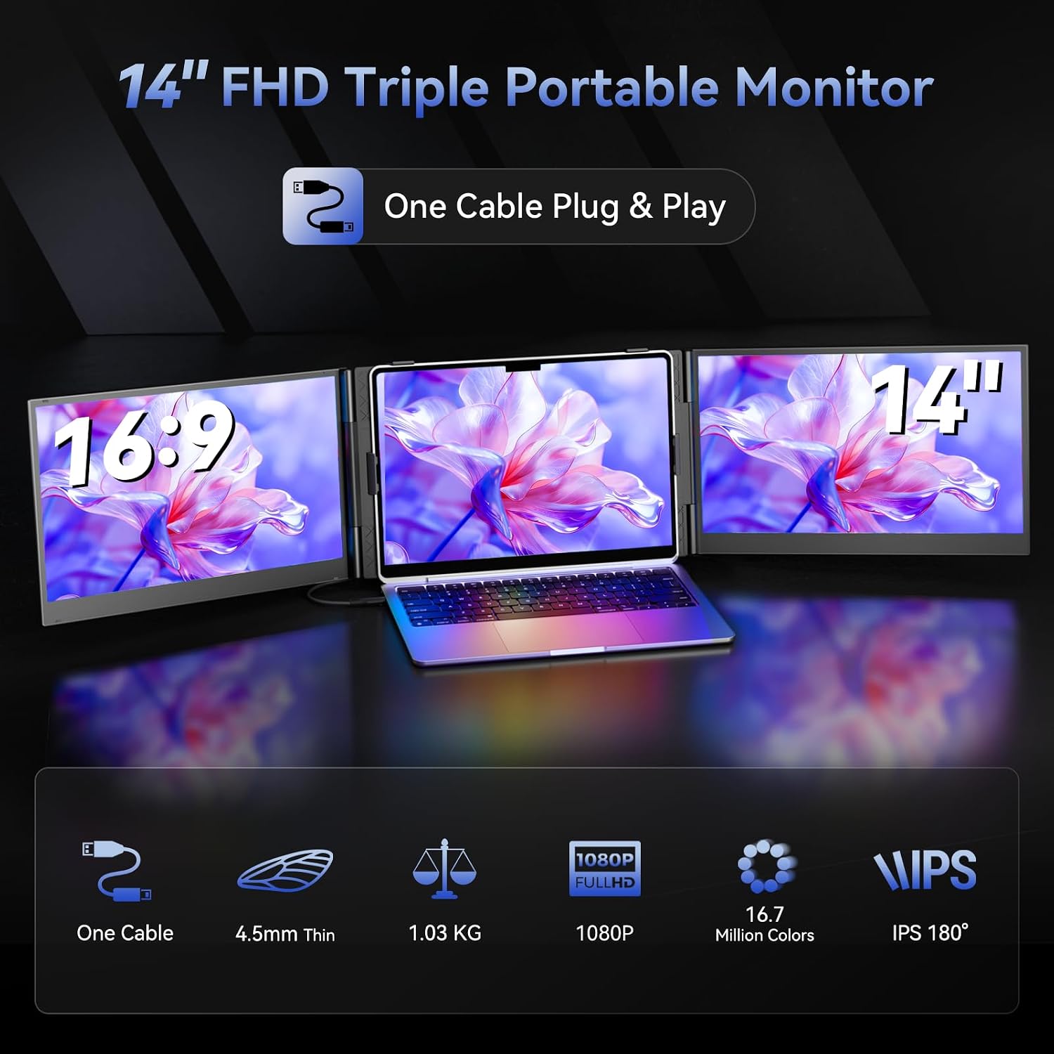 One Cable Connection Triple Laptop Screen Extender - Ultra Thin 14' Monitor IPS FHD 1080P Lightweight Portable Display for 13'-17' Laptops Compatible with Windows Mac Chrome Travel Work Setup