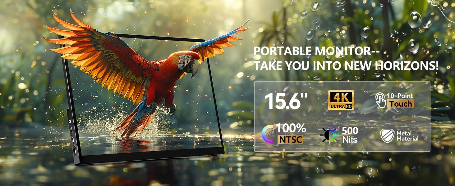 4K Portable Touch Monitor, 15.6' inch 3840 * 2160 UHD w/USB-C HDMI Laptop Monitor, 2000:1 100% RGB IPS ，Aluminum Alloy Shell,10-Point Touch，Dual Speaker, HDR, for Home, Work
