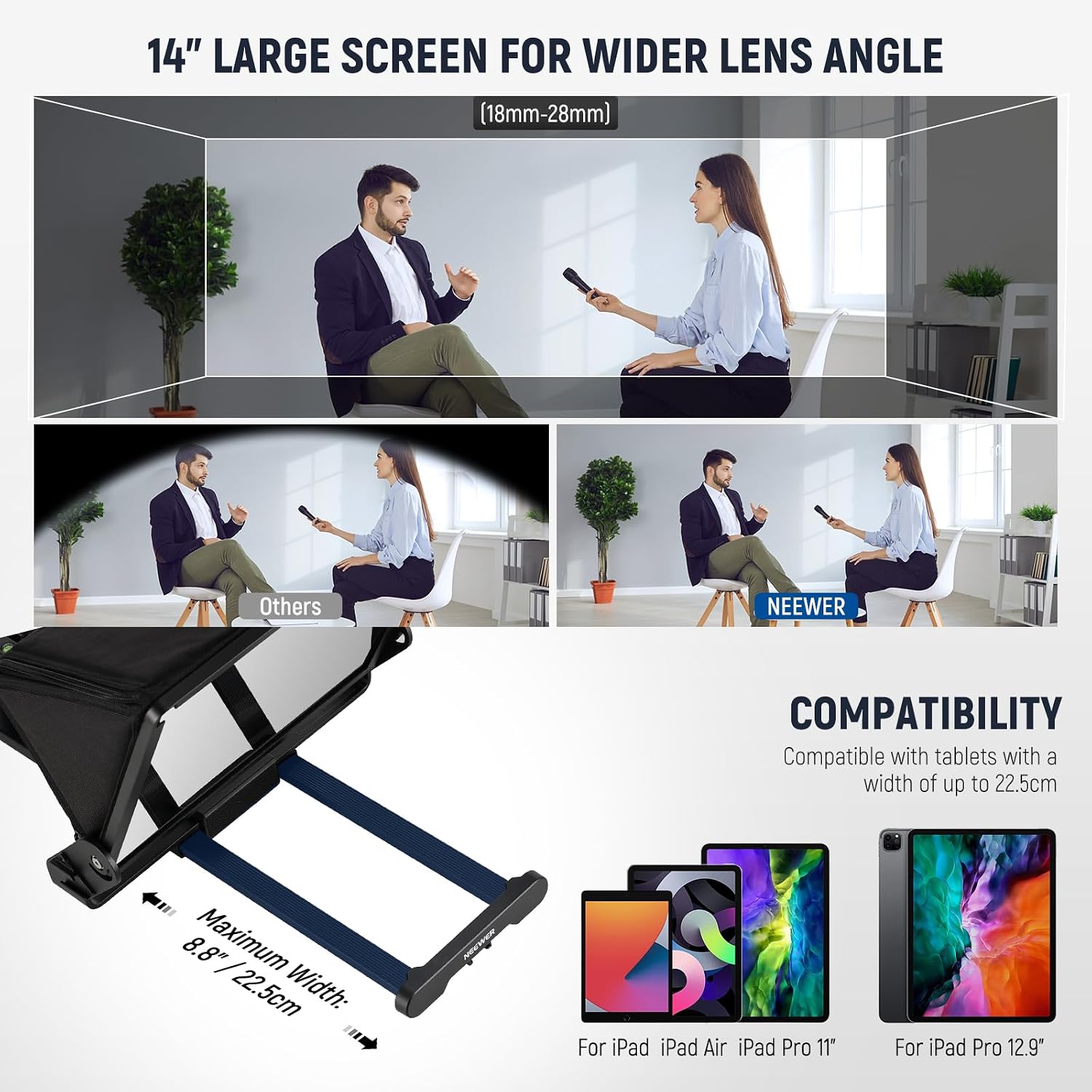 Neewer Teleprompter X14 III with RT113 Remote/App Control, 45° Tilt 14' Beamsplitter All Metal Frame Upgraded Camera Mount QR Plate Compatible with Manfrotto 501PL for iPhone iPad DSLR, Assembly Free